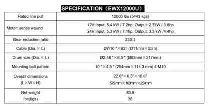 120000LBS – RUNVA WINCH 12V WITH SYNTHETIC ROPE (12 000LBS = 5 443KG) – IP67 MOTOR – RW12000S
