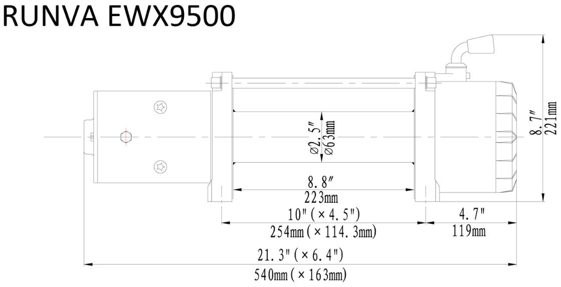 RUNVA WINCH 12V WITH SYNTHETIC ROPE (9 500LBS = 4 309KG)