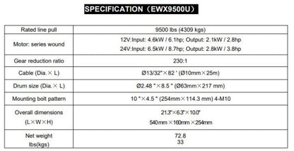 RUNVA WINCH 12V WITH SYNTHETIC ROPE (9 500LBS = 4 309KG)