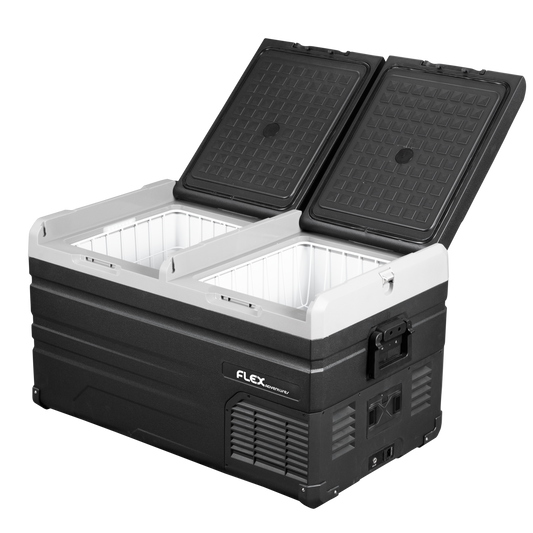Black and white fridge with open lid on a transparent background