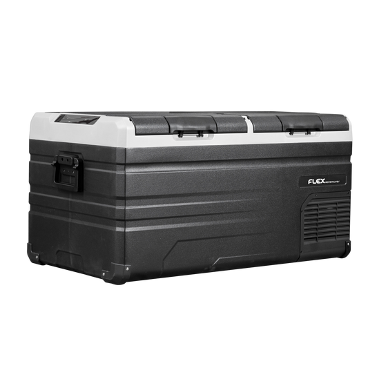 Black and gray fridge with 'FLEX' branding on a white background
